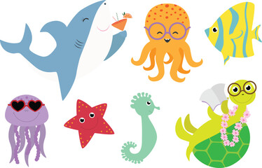 Sea and ocean animals shark, turtle, jellyfish, octopus, sea horse, star and fish clip art