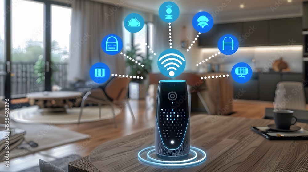 Poster a smart home device is displayed on a table with a blue background. the device is surrounded by icon