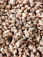 Stack of kencur, traditional spice from asian countries, displayed in a traditional market stall, captures the essence of local markets where fresh and aromatic spices are sold