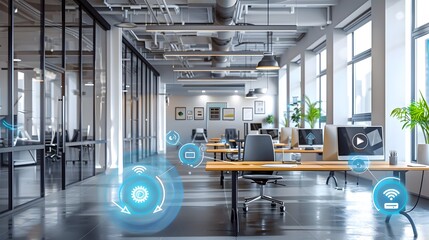 A modern office space with a large window and a wall of glass. The office is filled with technology, including a large screen with icons of various devices such as a cell phone, laptop, and tablet