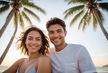 Couple enjoying beach sunset with palm trees in background