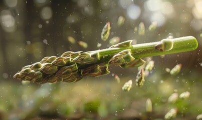 Naklejka premium single piece of asparagus flying through the air, against a blurred background of green plants. sunlight creates soft shadows and highlights on its fresh texture