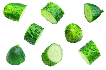 Fresh cucumber slices. Isolated on transparent background.
