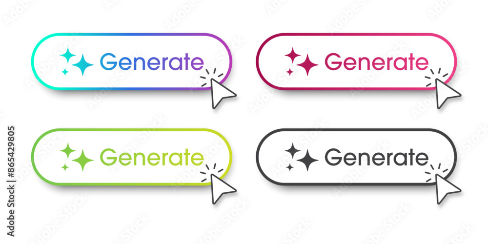 Poster Generate AI button. A set of buttons with Generate AI symbols. Flat design style for Apps, Websites, Interfaces, and mobile app. Artificial intelligence technology. Vector illustration.