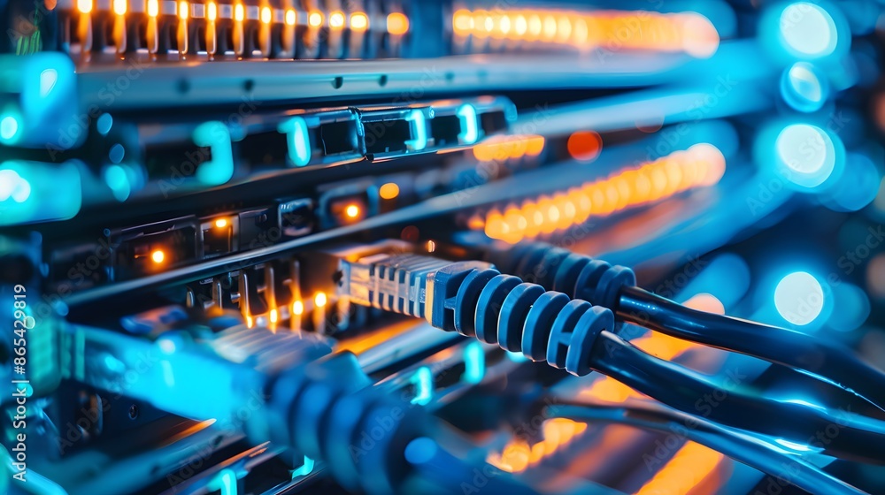 Poster a computer network with many cables and wires. the cables are orange and yellow. concept of complexi