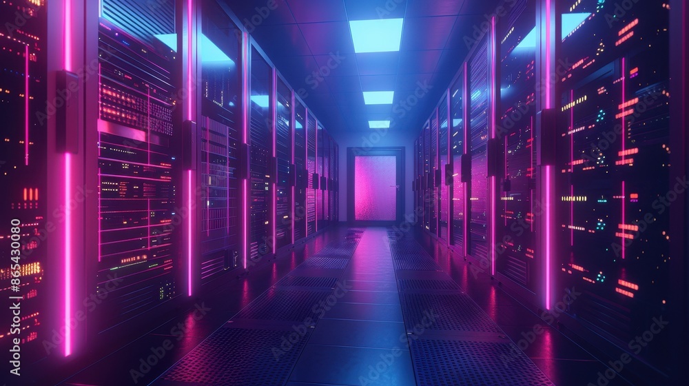 Poster modern data center with glowing server racks
