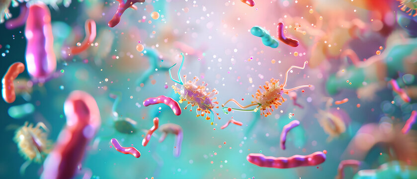 A captivating journey into the microscopic world. Bacteria and protozoa dance across a minimalist background featuring a blend of pastel Memphis shapes. The diversity of microbial life, 