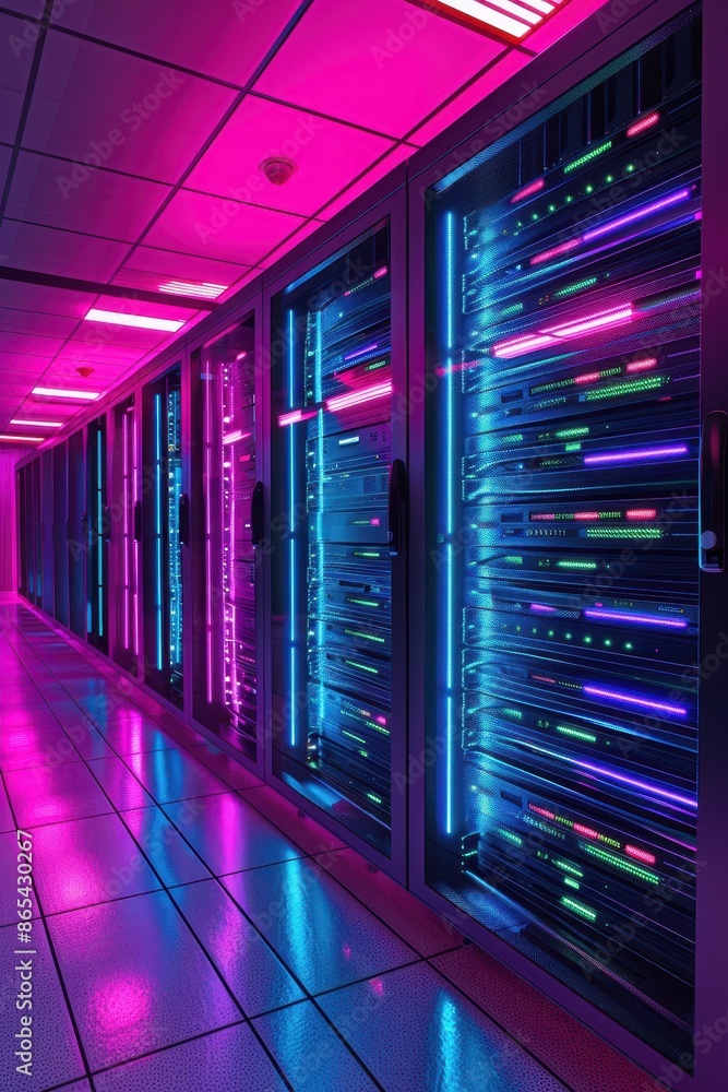 Poster modern data center with glowing server racks