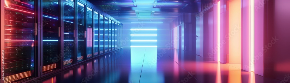 Poster modern data center with glowing server racks