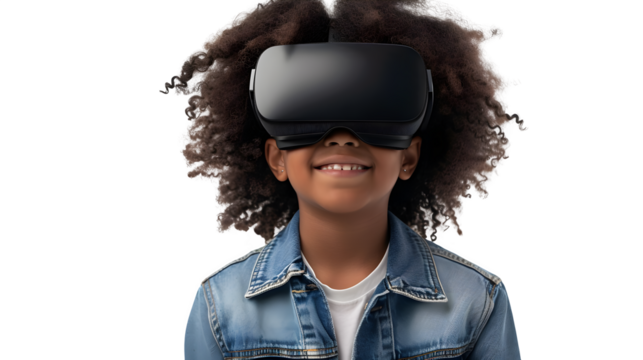 Kid wearing VR headset, PNG file, transparent background, isolated on white
