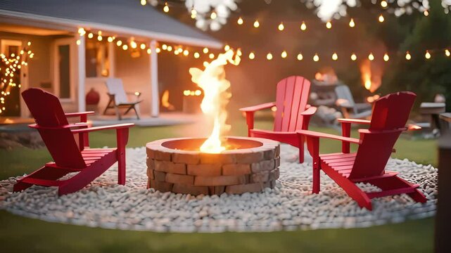 Outdoor fire pit in the backyard with lawn chairs seating on a late summer night, generative ai
