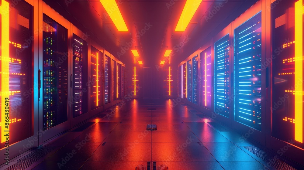 Poster modern data center with glowing server racks