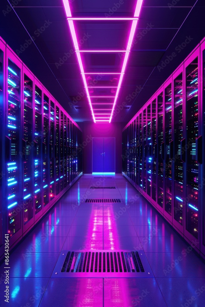 Poster modern data center with glowing server racks