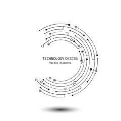 Abstract crescent-shaped circuit board isolated on white background. Lines and dots connect. Vector electronic motherboard illustration. Digital technology element.