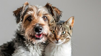 Naklejka premium Portrait of Happy dog and cat that looking at the camera together isolated on transparent background, friendship between dog and cat, amazing friendliness of the pets.
