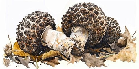 Exquisite Black Truffle Mushroom Bowl. Hand-drawn Watercolor Illustration of Gourmet Delicacy