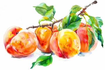 Fresh Apricots and Leaves Watercolor Illustration. Juicy and Ripe Fruits Isolated on White Background
