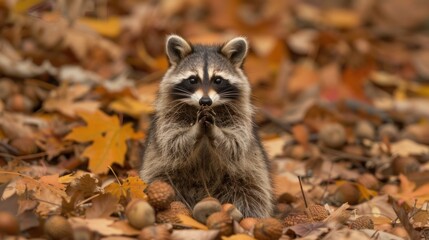 Obraz premium Raccoon cupping hands as it feasts on fallen acorns in the fall. Taken in rural Litchfield County, Connecticut. 