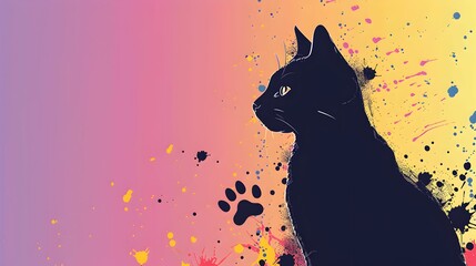 A striking silhouette of a cat with paw prints on a colorful, vibrant background, blending elements of art and playful design.