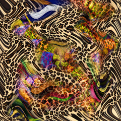 Combination textile collage pattern of wave and lines colored leopard snake tiger textures

