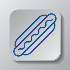Hot Dog simple icon vector. Flat design. Paper cut design. Cutted blue symbol with shadow. Gray badge button, gray background