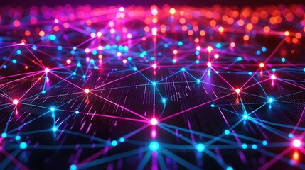 Digital network interface with bright neon connections, dark backdrop, intricate geometric shapes, hightech, vibrant colors