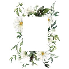 Watercolor floral vertical frame featuring flowers, herbs and buds. Hand-drawn composition of a plant bouquet on a white background. An outdoor illustration for design, printing or fabric background.