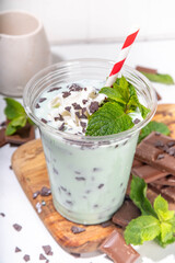Milky mint chocolate chips shake cocktail. Sweet tasty chocolate cookie and mint milkshake garnished with mint leaves, chocolate shavings, whipped cream