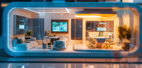 Futuristic AI home, HR strategy hub with holographic tech.