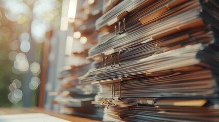 extreamly close up the stacking of office working document with paper clip folder.