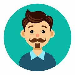 A man with facial hair, in a circle, is depicted cartoonishly