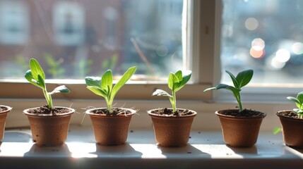 Close up of young garden flower seedlings on a windowsill