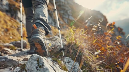 Hiker man with trekking sticks climbs steep on mountain trail, focus on boot.