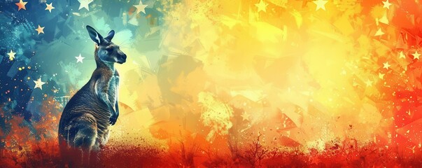Artistic Australian flag and kangaroo close up, focus on, copy space vibrant colors, double exposure silhouette with ecosystem