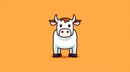 A cartoon cow with a white face and black spots stands in front of a orange background.