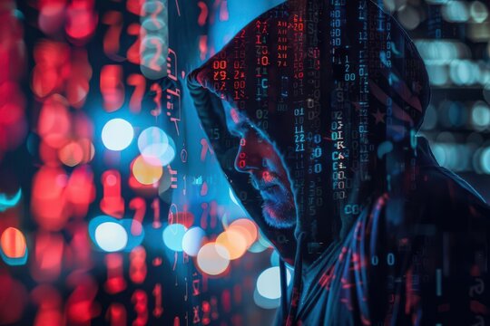 American flag and hacker with computer close up, focus on, copy space vibrant colors, double exposure silhouette with cybersecurity