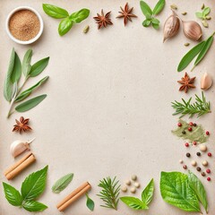 Fresh herb and spice frame, blank center, on earthy background, food illustration, culinary border