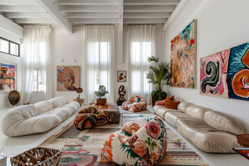 A creatively inspired interior space with white walls, abstract art paintings. AI generative.