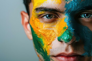 Close-Up Portrait of Man with Colorful Face Paint in Brazil Colors Green Yellow Blue