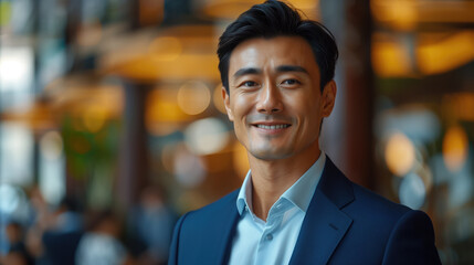 Fototapeta premium Happy Asian businessman executive standing in modern big city. Smiling mature confident professional manager, confident, generative ai