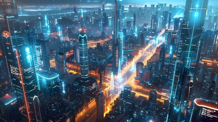 Obraz premium A cityscape with buildings lit up in neon colors. Scene is futuristic and vibrant