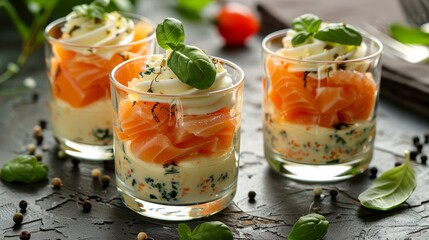 French cuisine. Verrines with salmon, cheese cream and cream. 