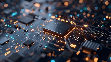 Close-up of a microchip on a circuit board with glowing lights, showcasing advanced technology and electronics.