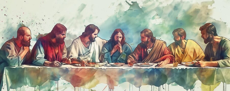 Maundy Thursday Commemoration: A Watercolor Illustration of The Last Supper Inspired by the New Testament.