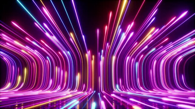 Vibrant neon light trails in a futuristic tunnel create a colorful and dynamic display, 3d rendering