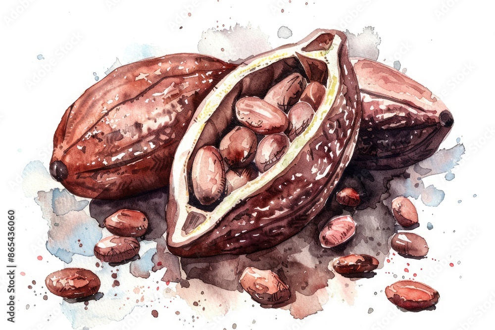 Sticker Tropical Chocolate Delight. Watercolor Illustration of Cocoa Pods on White Background