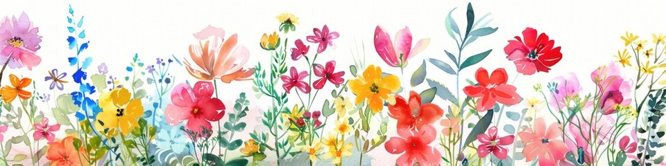 Summer Garden Panorama with Vibrant Floral Watercolor Elements