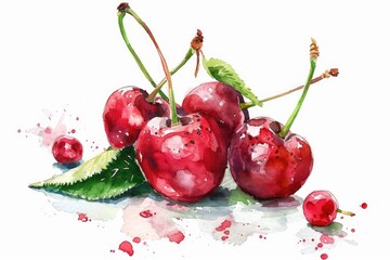 Vibrant Watercolor Cherry Illustration on White Background. Fresh Sweet Berry Artwork with Leaf and Stem