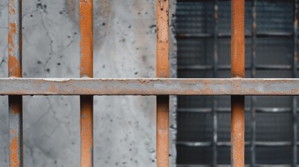 Close-up of rusty metal jail bars with a blurred background, emphasizing confinement and security. Suitable for law, crime, or prison themes.