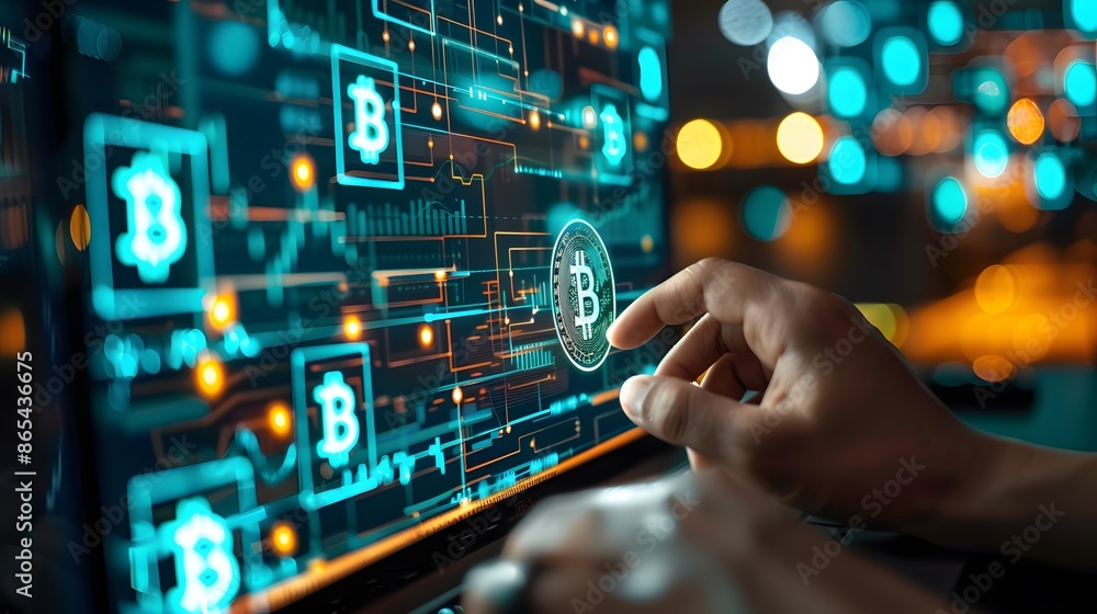 Poster a person is touching a screen with a symbol on it. concept of digital currency and the importance of
